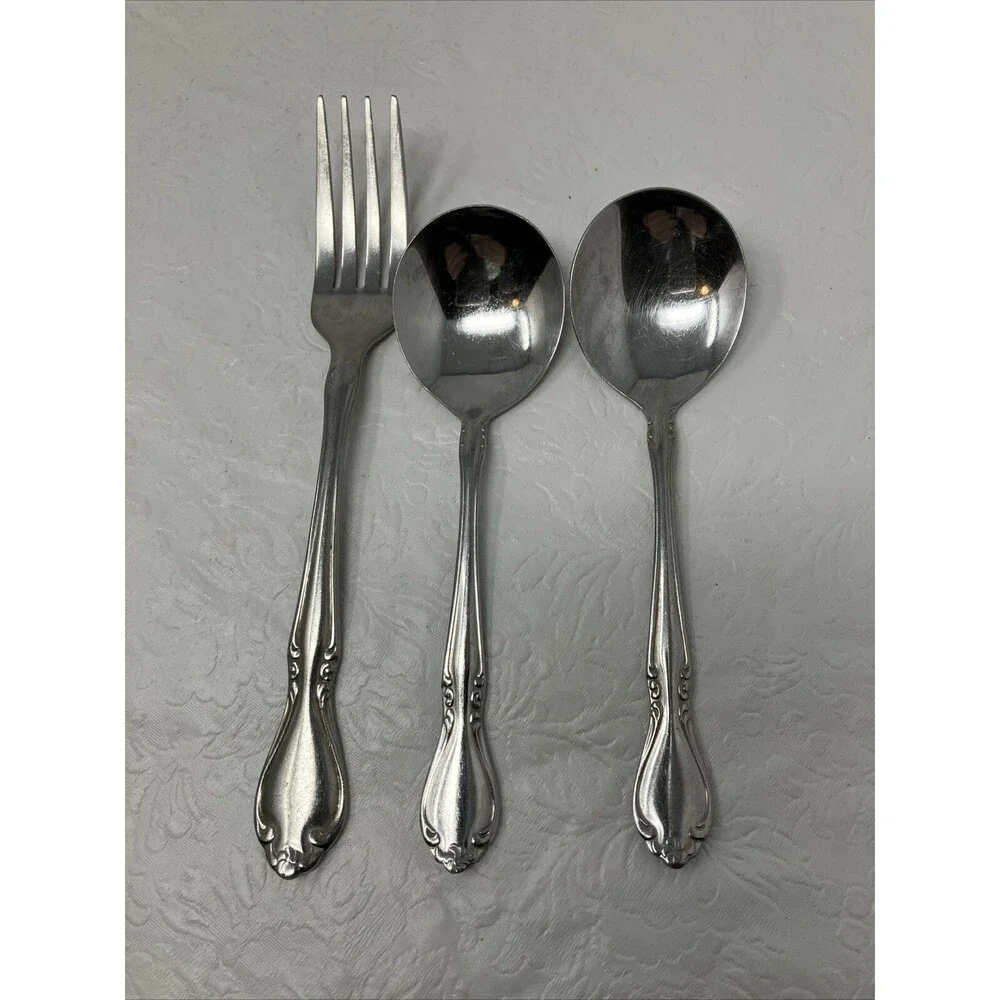 WALCO ILLUSTRA Dinner Fork & 2 Round Bowl Soup Gumbo Spoons Stainless
